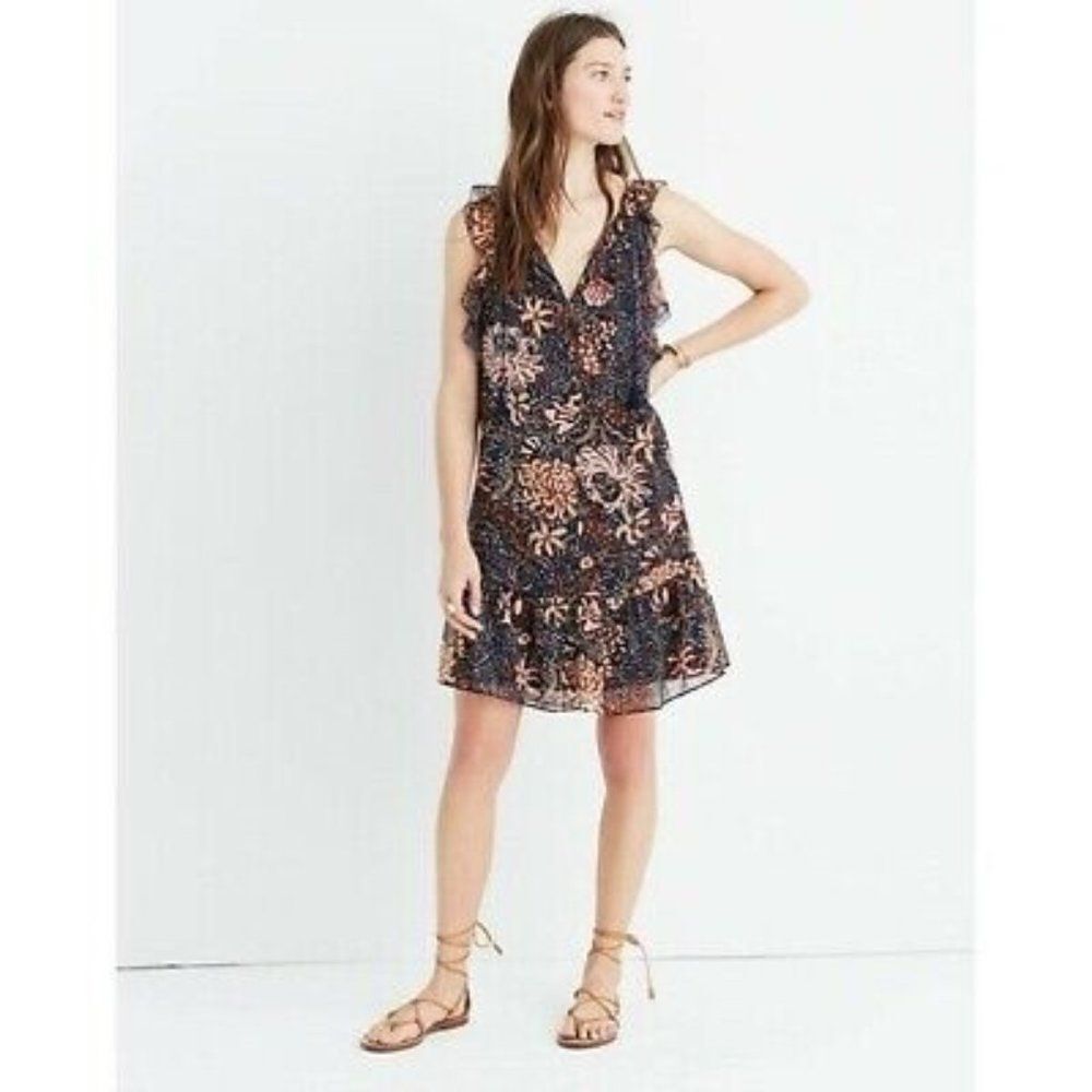 madewell lily ruffle dress in sea floral multi navy floral size m medium